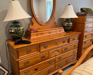 Dixie Furniture Suite - " The Windsor Stripped Pine Collection : Bed, Long Dresser with attached mirror, Nightstands, Lingerie Chest / Porcelain Lamps with Hunt scenes