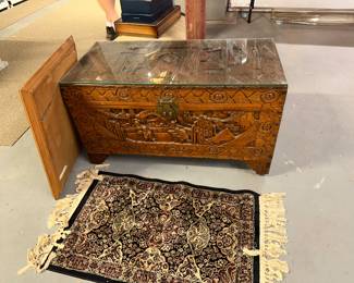 Vintage Camphor Wood Chest, Oriental Carved Scenes, Trunk