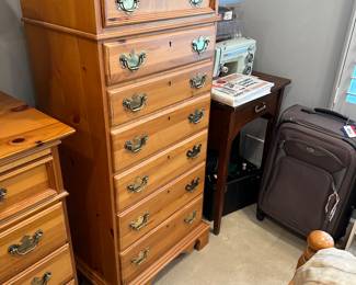 Dixie Furniture Suite - " The Windsor Stripped Pine Collection : Bed, Long Dresser with attached mirror, Nightstands, Lingerie Chest
