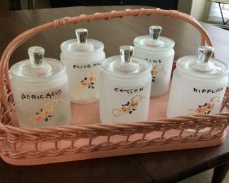 Antique Nursery Hand Painted Frosted Glass Apothecary Vanity Set