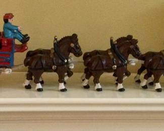 Cast Iron Clydesdale Horses w/Wagon & Barrels