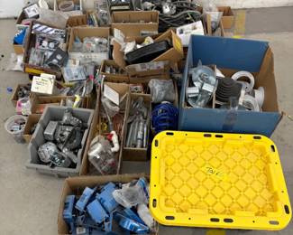 Large Lot of Pressure Regulators, Copper Fittings, Plumbing, Electric Wall Plug Boxes, Couplings, Wire Nuts, Tarps