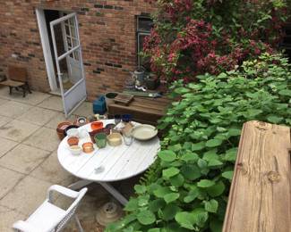Wooden Plank Patio Table w/planting pots