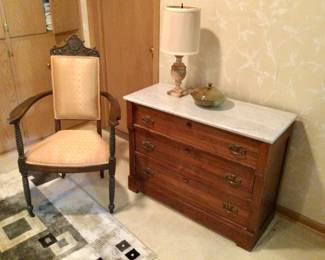 Antique Marble Top Solid Wood Chest w/Antique Arm Chair