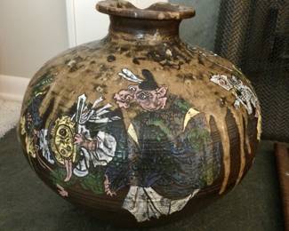 Vintage Pottery Bowl of Japanese Demons (crack on neck, pieces inside vase to repair)