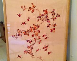 Vintage Chinese Blossom/Starlings Framed Silk 5'x4'