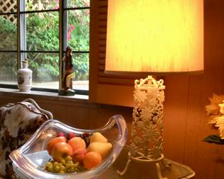 Pair(other lamp on opposite end) of Vintage Metal Floral Table Lamps Vintage Lucite Large Bowl