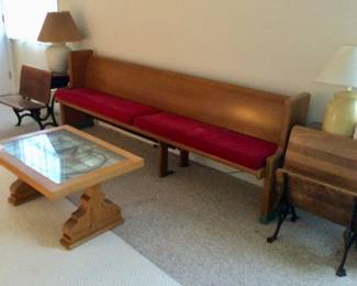 8Ft Church Pew w/Cushion & Vintage School Chairs