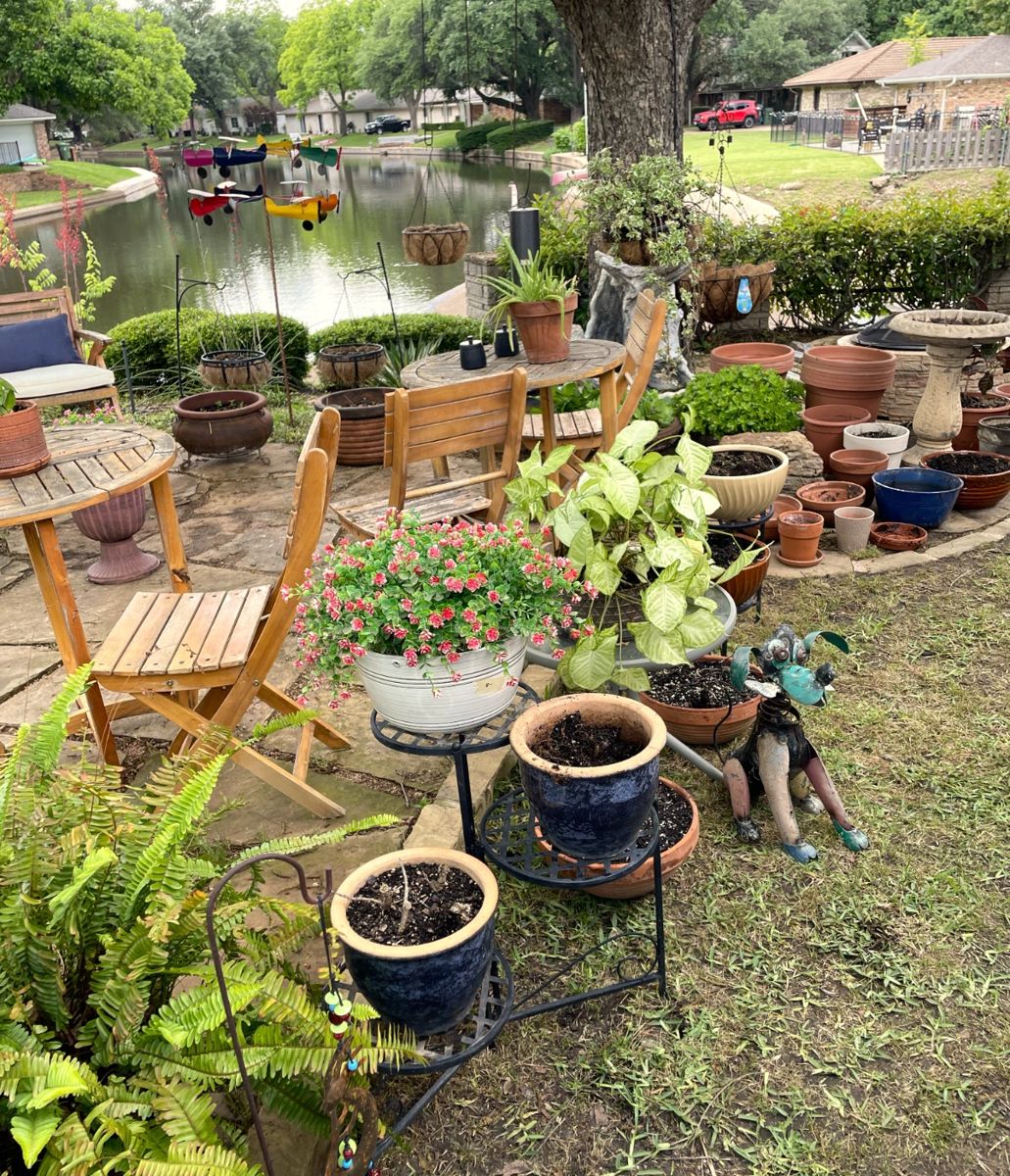 Patio furniture, yard art, and pottery.