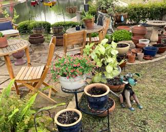 Patio furniture, yard art, and pottery.