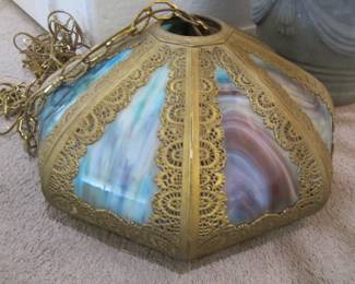 Vintage Bent Slag Glass Hanging Lamp