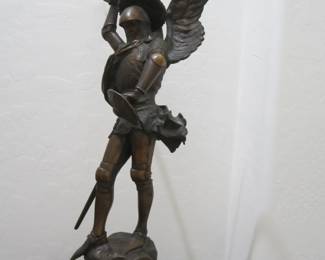 "St. Michael Slaying the Dragon" Bronze Figural, Dark Brown Patina, Signed Emmanuel Fremiet