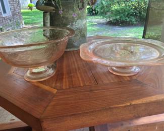 pink depression glass bowl and cake stand