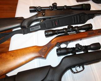 top: Browning A-Bolt .270 Win with Redfield var scope and BOSS; middle: Marlin model 60 .22 Tasco scope; bottom: Gamo Varmint Hunter 1250fps .177 with scope