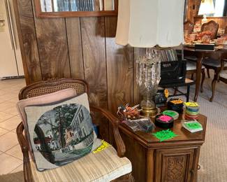 Side Chair. Pillows, Side Table, Lamp, Decor Items