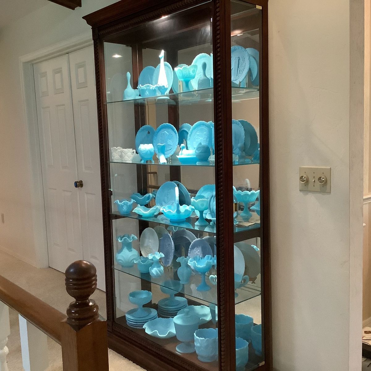 HUGE Fenton Satin Blue collection inside a Howard Miller Labeled Display Case