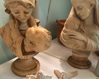 LARGE HEAVY PLASTER FIGURINES OF MOTHER AND CHILD