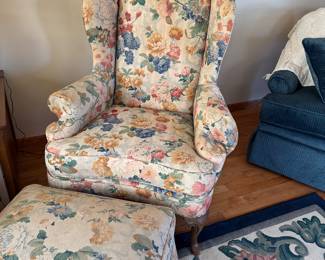 VINTAGE FLORAL WING BACK CHAIR AND OTTOMAN