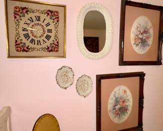 Needlepoint clock, framed floral, art, porcelain plaques
