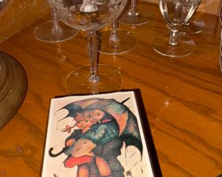 Hummel music box, etched glasses