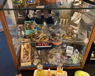 Vintage jewelry silver, perfume bottles, bisque doll, Cloisonné, Lenox dish, Babies real Pearl bracelets, Crystal Figurines, Sterling bracelets, necklaces, rings