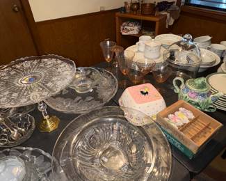 Serving bowls, Cake stand, Boston warehouse spreaders, Cheese Dish