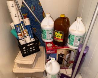 Cleaning supplies , laundry soap, mop, drawer liner