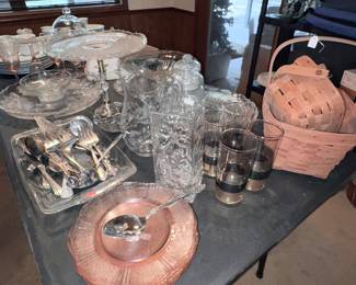 Silverplate flatware, pink Depression plates, MCM glasses