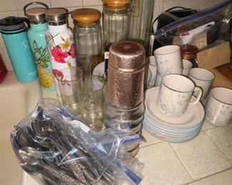 Hydro flasks, aluminum cups, cups and Saucers, more glass canisters, Reed and Barton Flatware