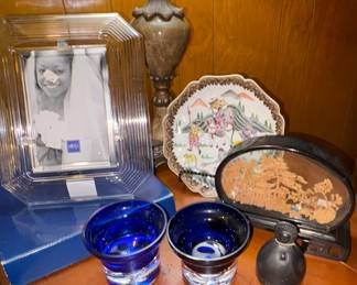 Mikasa Frame, cobalt glass candle holders, Asian plate, Asian carved 3d