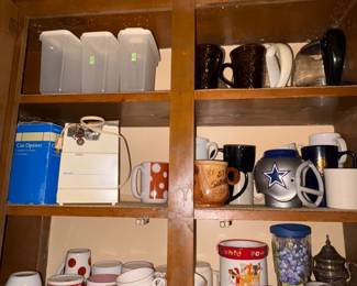 Tupperware containers, mugs, bowls