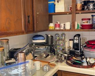 Small appliances Can openers, toaster oven, coffee grinder, Reed Barton flatware, Dishes,
