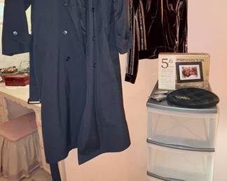 Vintage trenchcoat, vintage dolce, and Gabbana, warm-up suit, plastic drawer container, digital photo frame