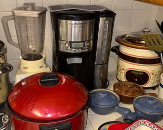 Two piece res pot set, blender, coffee pot, Vintage crock pot, stoneware soup bowls