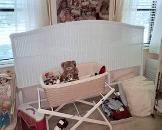 Vintage bassinet, King wicker Headboard, TY’s, Plushies