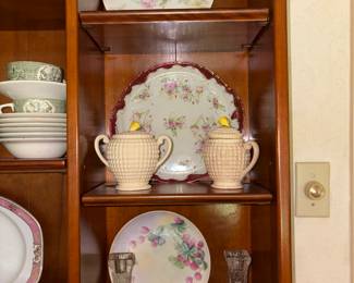 Candle holders, creamer and sugar, hand painted plates