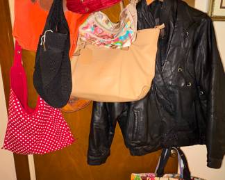 Purses, leather coat, designer bags