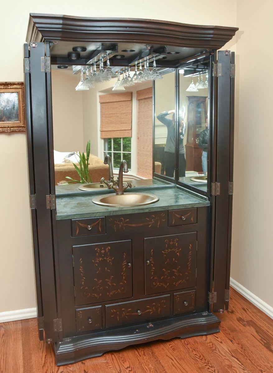 Vintage Style Hand Painted Floral Bar Cabinet With Sink