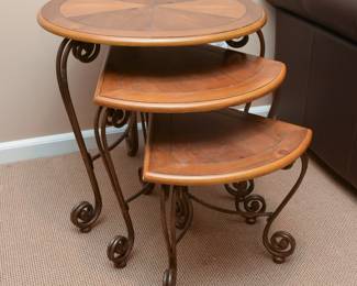 (3) Wood And Wrought Iron Nesting Corner Tables