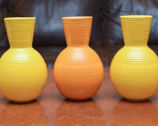 (3) Yellow Ceramic Ripple Vases