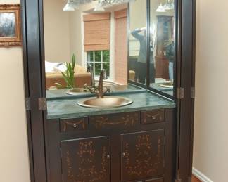 Vintage Style Hand Painted Floral Bar Cabinet With Sink
