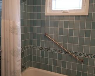 Shower hardware; grab bar; shower curtain