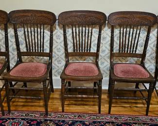 5 Antique Oak Pressed back dining chairs