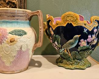 Pair Of Majolica pieces, Pitcher and Jardiniere from the mid century era