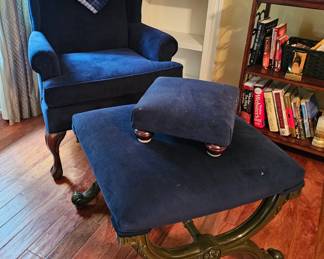 Blue Velvet covered Wingback chair and Ottoman