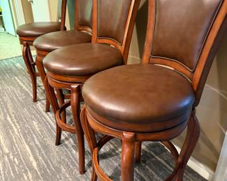 4 SOLID WOOD HIGH BACK SWIVEL BAR STOOLS