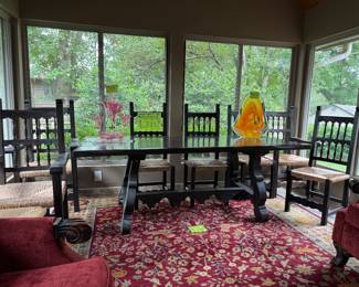 VINTAGE SPANISH REVIVAL STYLE HEAVY DINING TABLE WITH 3 ARM RUSH CHAIRS AND 4 RUSH SIDE CHAIRS