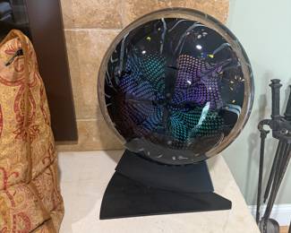 KARG DICHROIC LARGE IRIDESCENT GLASS SATELLITE DISC SCULPTURE WITH STAND
