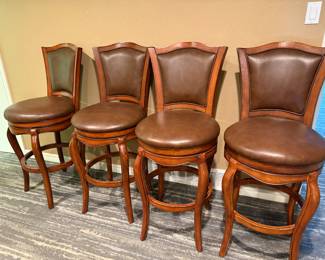 4 SOLID WOOD HIGH BACK SWIVEL BAR STOOLS