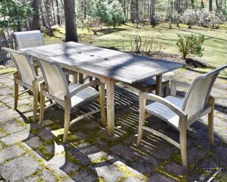 ropitone teak patio table with chairs and bench